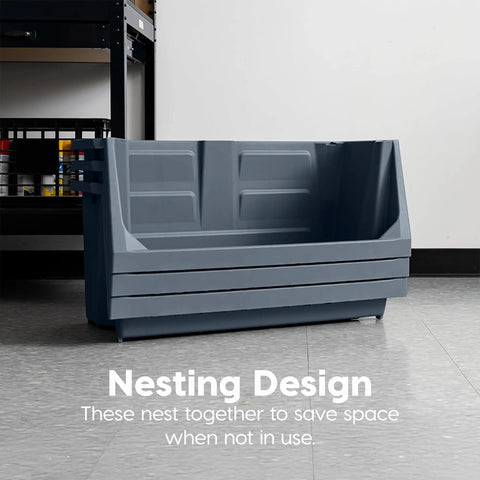 Six Pack Dark Gray Open Front Storage Totes With Oversized Handles Built Like A Tank Heavy Duty Stackable Plastic Bins Mega Capacity for garage gear, nesting design for space-saving.