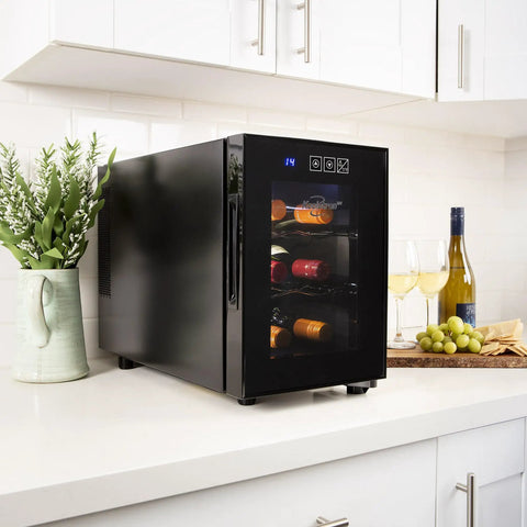 Sleek black Six Bottle Wine Fridge With UV Protective Glass Door And Soft Interior Lighting Freestanding Beverage Cooler displayed on a countertop