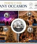 Collage of a Disco Ball 12 Inch Hanging Mirror Ball For Party Decor And Home Vibe at events like weddings, parties, and holidays.