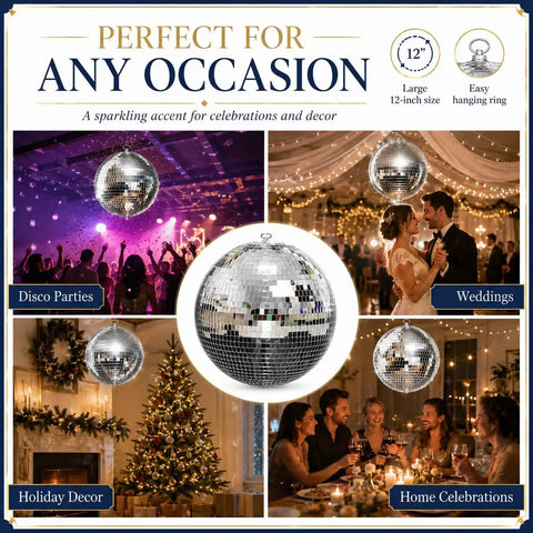 Collage of a Disco Ball 12 Inch Hanging Mirror Ball For Party Decor And Home Vibe at events like weddings, parties, and holidays.