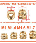 Hot Melt Brass Insert Nuts For Printing Projects With Secure Knurled Threads And Copper Build In M1.4 Size displayed with measurements.