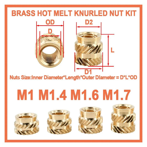 Hot Melt Brass Insert Nuts For Printing Projects With Secure Knurled Threads And Copper Build In M1.4 Size displayed with measurements.