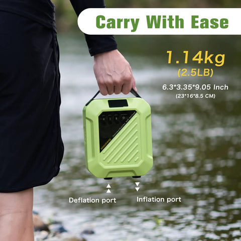 Person holding Electric Paddle Board Pump 20 PSI High-Pressure Rechargeable SUP Air Pump with Auto Off by a lake.
