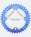 104Mm BCD Round Oval Bike Chainring 32T blue, aluminum 7075, narrow wide, lightweight CNC machined for MTB e-bike trail.