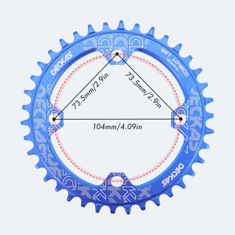 104Mm BCD Round Oval Bike Chainring 32T blue, aluminum 7075, narrow wide, lightweight CNC machined for MTB e-bike trail.