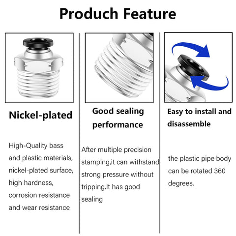 One Half Inch Push To Connect Air Fittings Quick Connect To Three Eighths NPT Male Straight Two Pack Works With Air And Water No Freezing Easy Install Heavy Duty Pneumatic Fittings For Home Shop And DIY Projects product features showing nickel-plated surface, sealing performance, and rotational design.