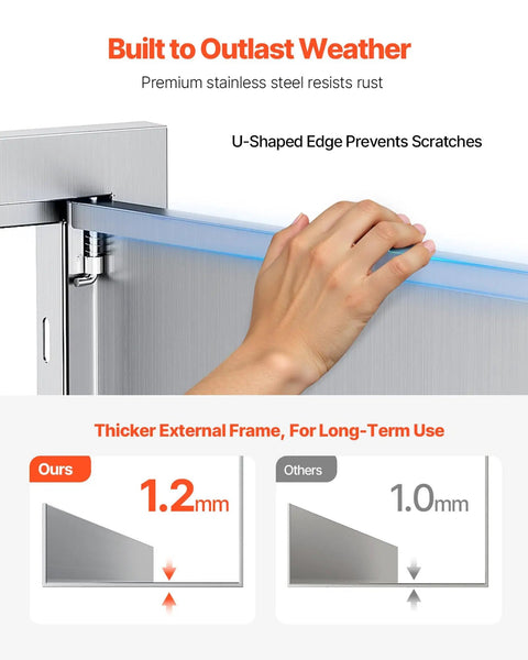 Hand touching Outdoor Kitchen Access Door 30W X 21H Inches In 304 Stainless Steel Double Doors With Vents detailing edge.