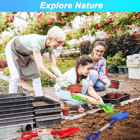 Family using 16 Inch Kids Beach Shovels Set With Wooden Handles And ABS Plastic Scoops Durable Sand Spades in garden