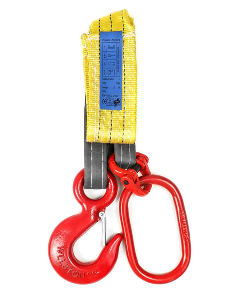 Heavy Duty Web Sling Set Built Tough for Real World Lifts 3.3 Ft Single Leg Lifting Slings 6600 Lbs Capacity with Polyester Web and G80 Steel Hook 2 Pack, showing yellow webbing and red G80 hook close-up.