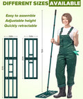 Person holding Lawn Leveling Rake with 78 Inch Adjustable Steel Handle next to rake head size options, wearing green overalls.