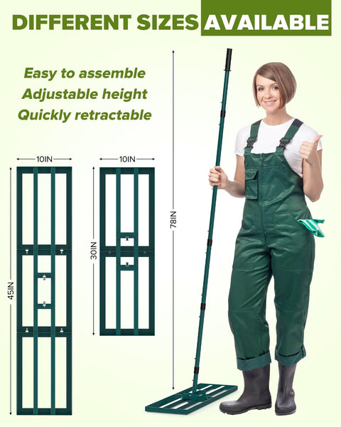 Person holding Lawn Leveling Rake with 78 Inch Adjustable Steel Handle next to rake head size options, wearing green overalls.