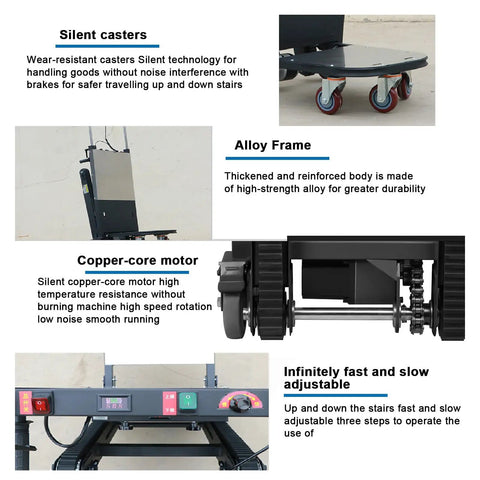 Upgraded Electric Stair Climbing Hand Truck With Heavy Duty Track Design, showing copper-core motor and alloy frame.