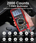 A person using Pro Grade True RMS Digital Multimeter Tester 750V-1000V Range in a vehicle, displaying voltage reading.