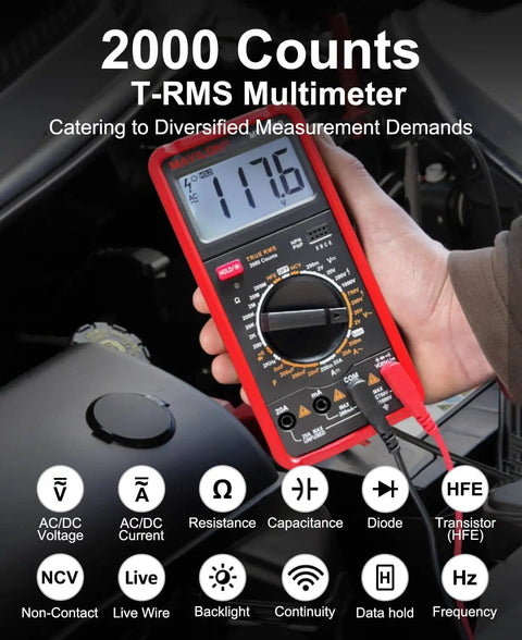 A person using Pro Grade True RMS Digital Multimeter Tester 750V-1000V Range in a vehicle, displaying voltage reading.