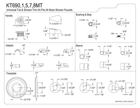 Engineering diagram of Universal Tub Trim Kit For Moen Showerscape Faucets, Brushed Brass Finish with parts dimensions
