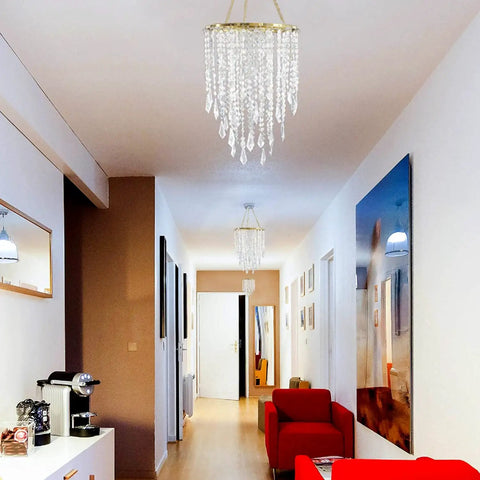 Hallway with Beaded Acrylic Chandelier Pendant Light With Gold Frame 3 Tier Hanging Lampshade For Bedroom And Wedding Decor No Wiring Required