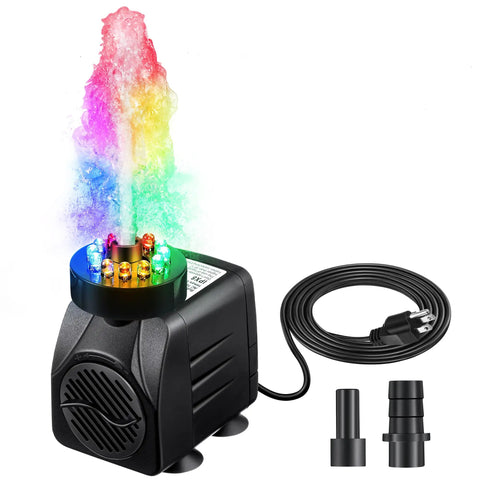 Beast Submersible Fountain Pump With Lights 16W 800 Liters Per Hour Flow 8.86ft Lift Ultra Quiet Operation Includes 2 Nozzles