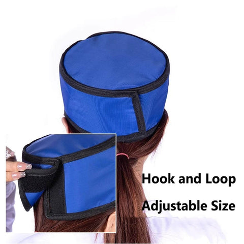 Back view of Pro Grade Lead Shielding Cap For Radiation Safety with hook and loop, 0.35/0.5 mm lead rubber, on person's head.