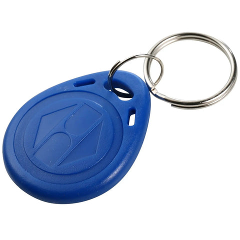 Close-up of a blue 125KHz EM RFID Key Fob Read Only Proximity Cards from Pack Of 100 for Standard EM ID Access Readers, keychain attached.