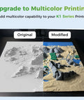 Dope Cfs Upgrade Kit For 3D Printers Sweet Multicolor Printing Setup With 16 Color Filament Extruder And Built In Cutter Killer Accessory For K1 Se K1 K1C K1 Max Easy Peasy Assembly For Weekend Warriors, comparing original and modified multicolor prints.