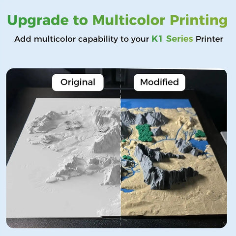 Dope Cfs Upgrade Kit For 3D Printers Sweet Multicolor Printing Setup With 16 Color Filament Extruder And Built In Cutter Killer Accessory For K1 Se K1 K1C K1 Max Easy Peasy Assembly For Weekend Warriors, comparing original and modified multicolor prints.