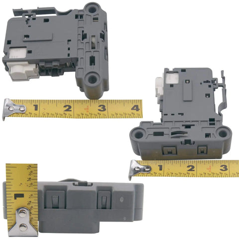 Washer Door Lock Assembly Replacement For 5304505231 And 5304514774 with gray durable body, shown with measuring tape in inches.