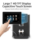 Super Automatic Espresso Maker Bean To Cup Coffee Machine One Touch Milk Frother Single Button Brew Eleven Custom Drinks Silver Edition touch screen interface with coffee options.