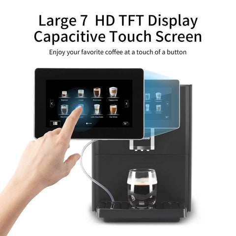 Super Automatic Espresso Maker Bean To Cup Coffee Machine One Touch Milk Frother Single Button Brew Eleven Custom Drinks Silver Edition touch screen interface with coffee options.