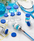 20 Pack Sealed Sterile 5ml Glass Vials With Self Healing Injection Port For Medical Lab And Home Use, Includes 20 Blue Label Stickers, Durable Seals, Leak Proof Design By Threlaco showing blue-capped vials on a lab table.