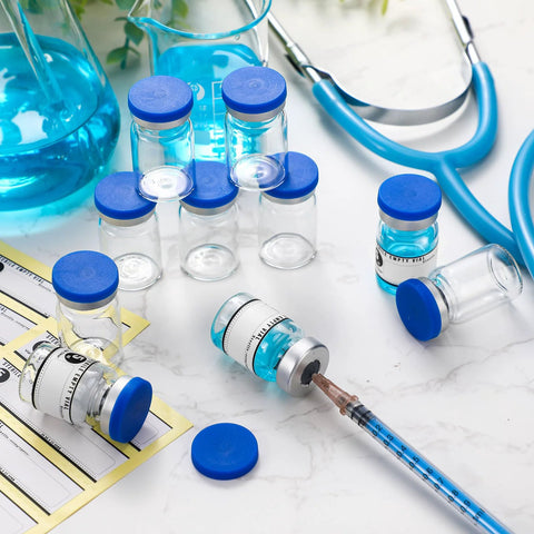20 Pack Sealed Sterile 5ml Glass Vials With Self Healing Injection Port For Medical Lab And Home Use, Includes 20 Blue Label Stickers, Durable Seals, Leak Proof Design By Threlaco showing blue-capped vials on a lab table.