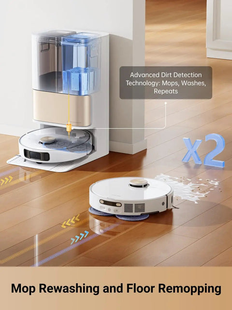 Ultra Heat Robot Vacuum And Mop with MopExtend, showing mop rewashing and floor remopping on wooden floor