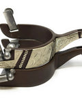 Ladies Antique Brown Western Spurs With 1 Inch Steel Band Silver Overlay Trim 2 Inch Raised Shank For Control