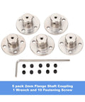5-pack 2mm flange shaft couplings in silver steel with 10 screws and L-wrench