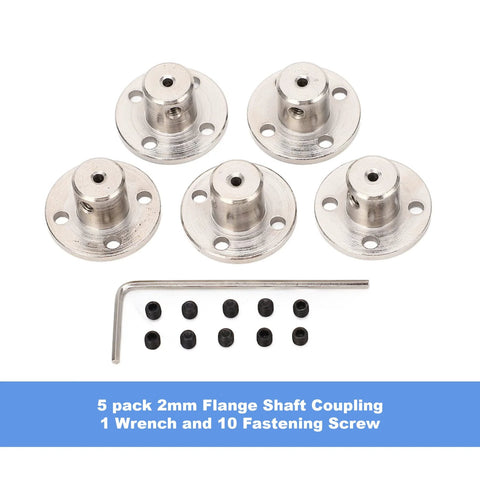 5-pack 2mm flange shaft couplings in silver steel with 10 screws and L-wrench