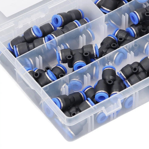40 Piece Pneumatic Fitting Kit Includes Splitters Elbows Tees And Straight Connectors For 5/16 Inch Tubing Perfect Push To Connect Air System Setup That Is Totally Sick And Makes You Look Like A Pro. Plastic push-fit air fittings in a storage box