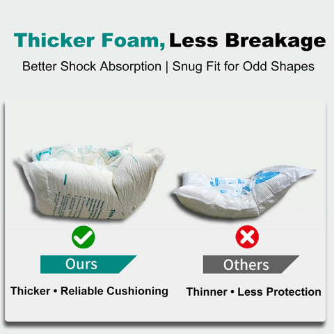 Comparison of thicker 8 Pack Expanding Packing Foam Cushions 14x16 Inches for Shipping and Moving with thinner alternatives.
