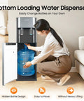 Woman loading 20L bottle into Bottom Loading Water Cooler Dispenser With Hot And Cold Spouts, Dual Temperature Control, Stainless Steel Inner Liner.