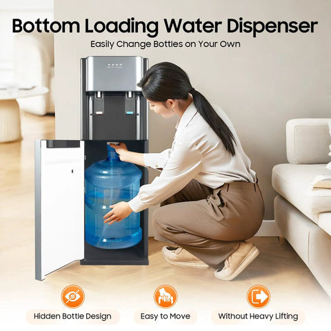 Bottom Loading Water Dispenser With Hot And Cold Water Fits 5.28 Gallon Bottles Easy Bottle Swap And No Heavy Lifting in use at home