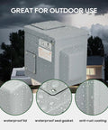 50 Amp 125/250V Outdoor RV And EV Power Outlet Box with weatherproof lid and anti-rust coating in a rainy setting.