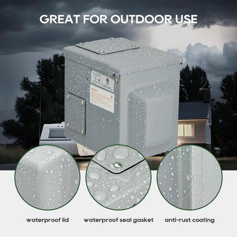50 Amp 125/250V Outdoor RV And EV Power Outlet Box with weatherproof lid and anti-rust coating in a rainy setting.