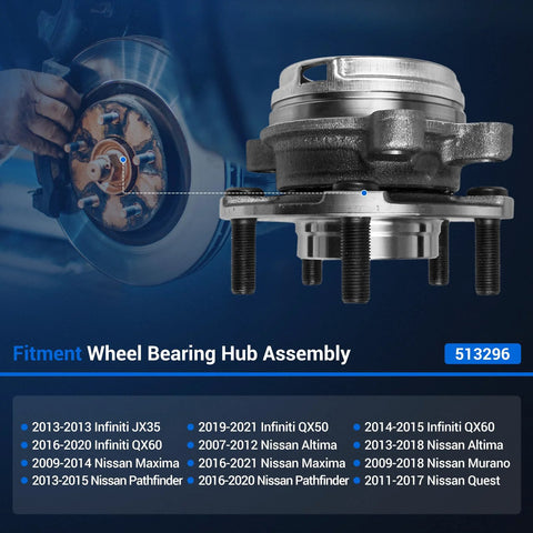 Front Wheel Hub And Bearing Assembly 5 Lug With ABS Fit For Nissan Altima 07-18 Maxima 09-21 Pathfinder 13-20 Murano 09-18 Quest 11-17 Infiniti QX60 14-20 QX50 19-21 Direct Replacement.