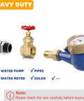 Front view of brass 1in NPT gate valve with red wheel handle and female-to-female threads beside a blue water meter.