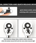 Close-up of Eight Inch Dual Direction Ratchet Wrench With Three Eighths Drive Ideal For Filter Spark Plug Lug Nut Sockets showing quick release design.