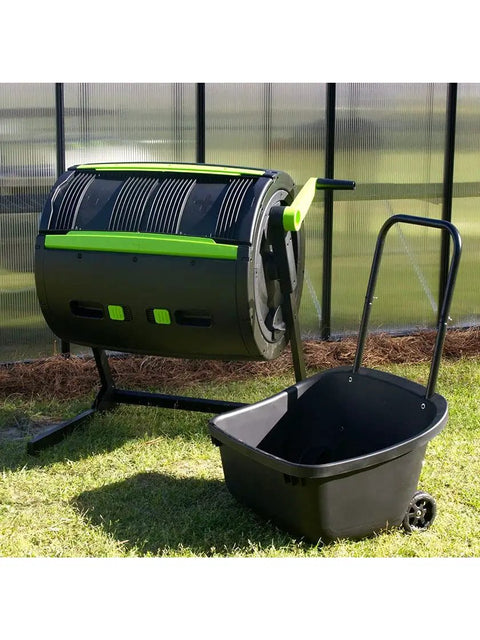 Maze Compost Tumbler With Geared Handle For Easy Turning No Hassle 65 Gallon Capacity UV Resistant High Impact Plastic Low Profile Cart For Quick Transport And Unloading Black, outdoor setup
