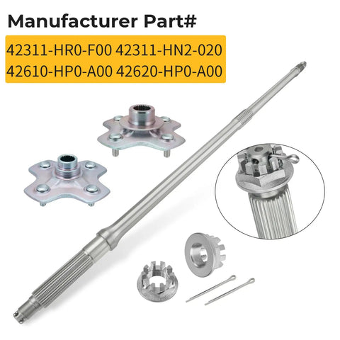 Slap On These Heavy Duty Rear Axle Shaft And Wheel Hub Pair Kit For Honda Rubicon 500 Foreman 500 Rig 42311 HR0 F00 42610 HP0 A00 parts view with shafts and hubs