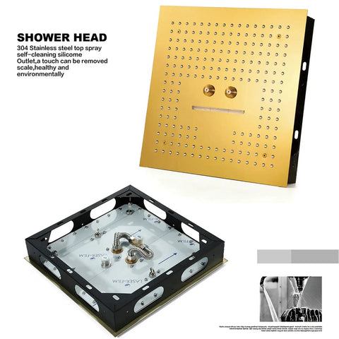 Badass Gold Thermostatic Shower System With Dope 40X40CM LED Ceiling Mount Rainfall And Waterfall Head Solid Brass Faucet Set For Cool Modern Bathroom Upgrade shower head design, 304 stainless steel, self-cleaning. 