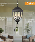 Outdoor Pendant Light Fixture For Porch And Entryway In Black Finish With Seeded Glass Lantern Chandelier, front view