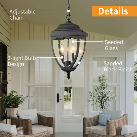 Outdoor Pendant Light Fixture For Porch And Entryway In Black Finish With Seeded Glass Lantern Chandelier, front view