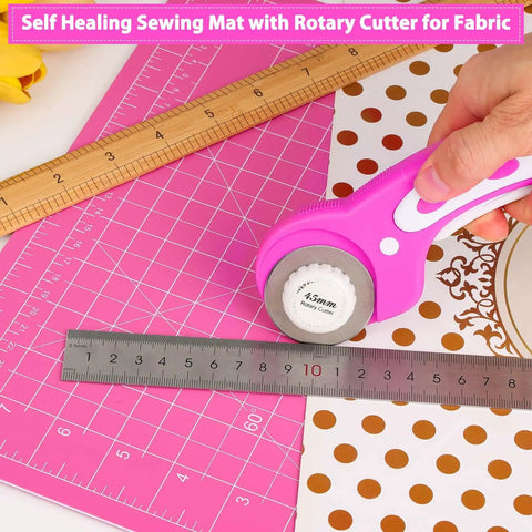 45mm Rotary Cutter Kit With Self Healing Cutting Mat And 2 Replacement Blades For Sewing, Quilting, Crafting And Fabric Cutting
