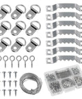 Pro Level Picture Hanging Wire Kit With D Rings And Wall Mount Screws For Frames And Canvases components including hooks, wire, screws.